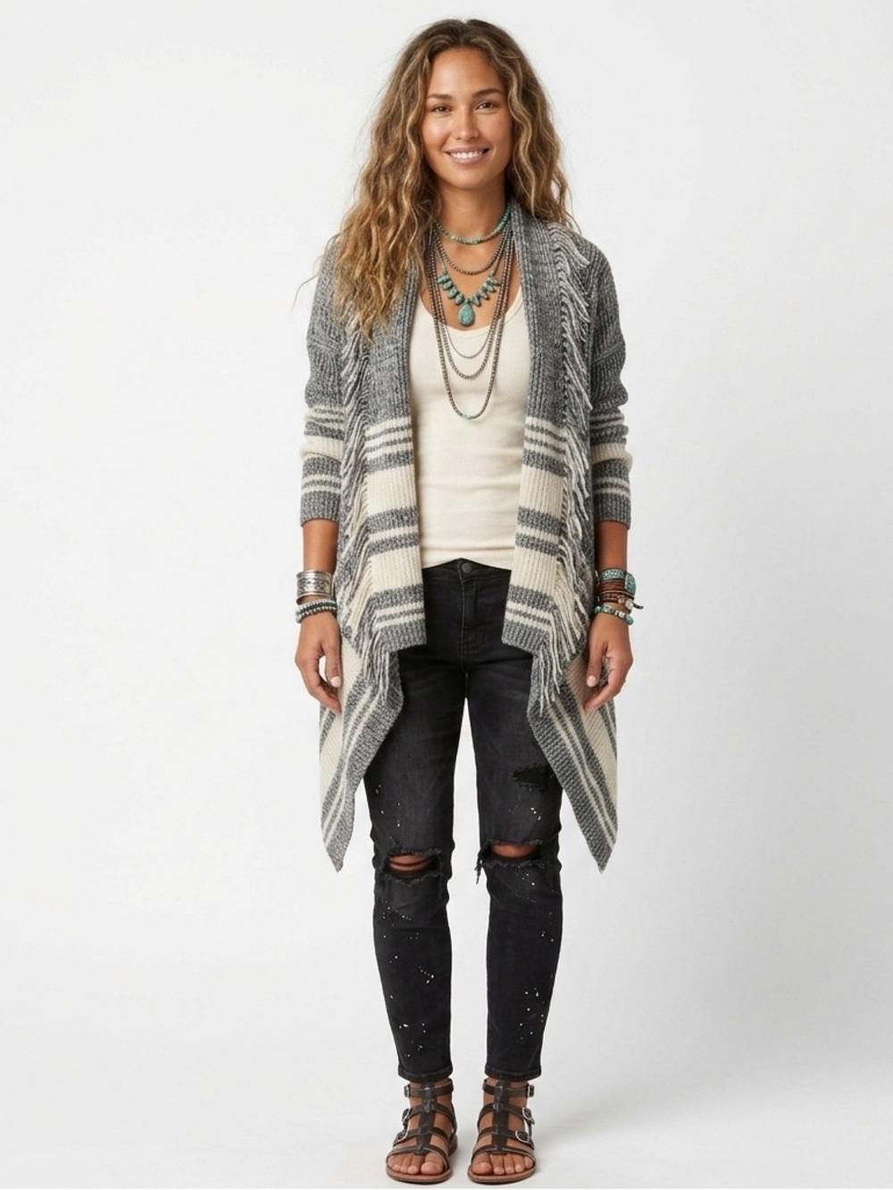 ONE WORLD Striped Gray and Cream Cardigan with Fringe